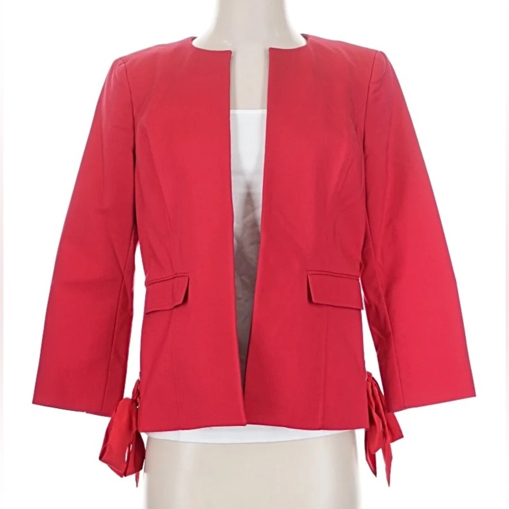 Jones Studio Vibrant Red Open-Front Collarless Blazer with side ribbon detail
